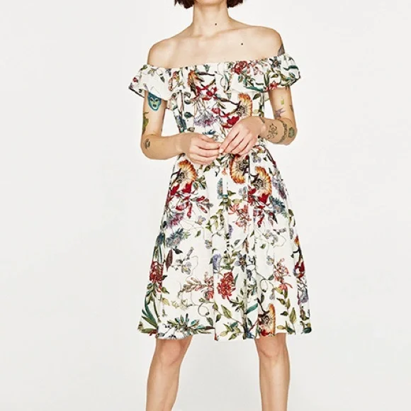 Zara Floral Button Down Off The Shoulder Dress - Picture 2 of 13